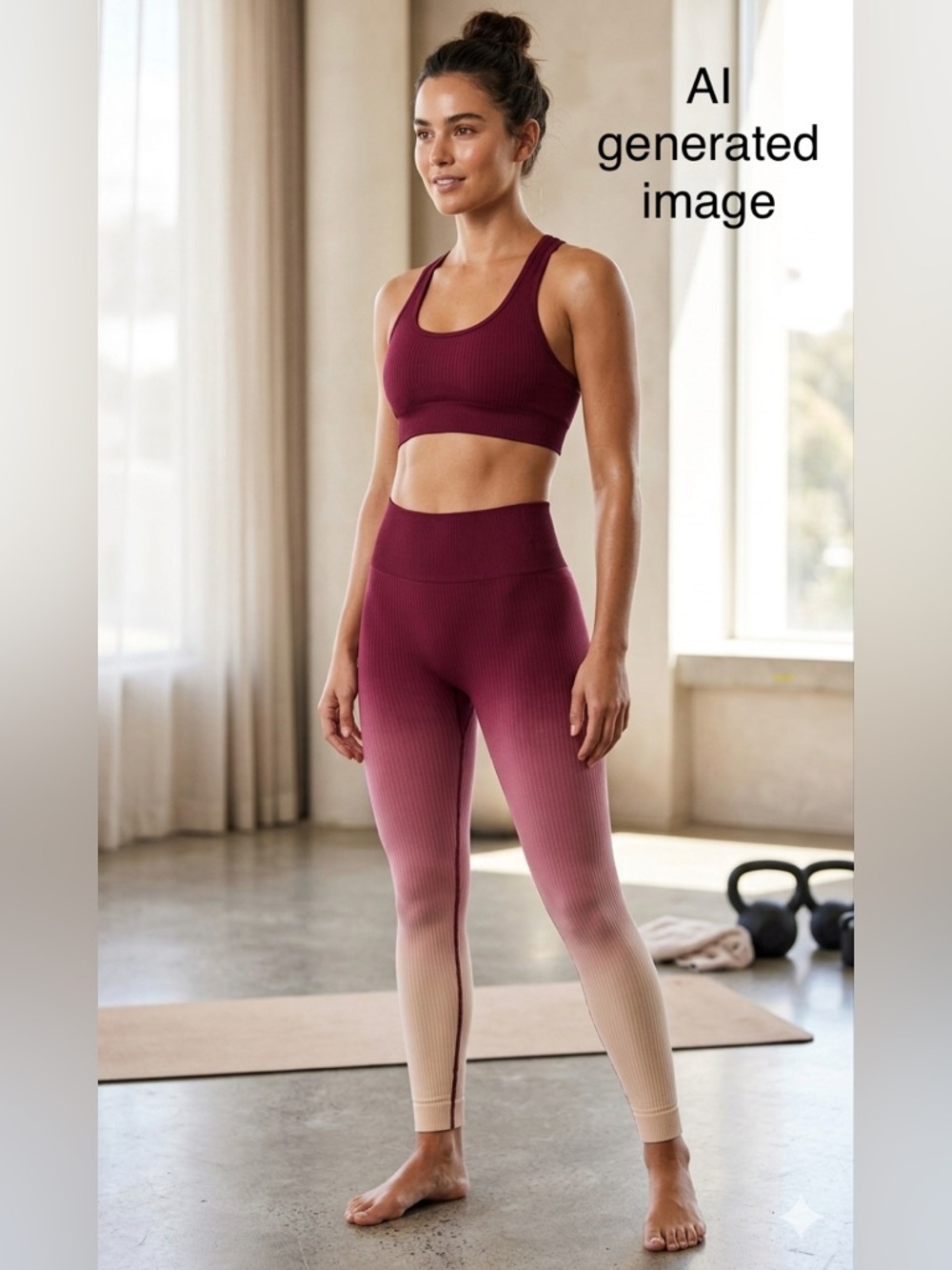 THE UPSIDE Ombre Ribbed Seamless Leggings - Burgundy/Cream - Size S / 4 - 6
